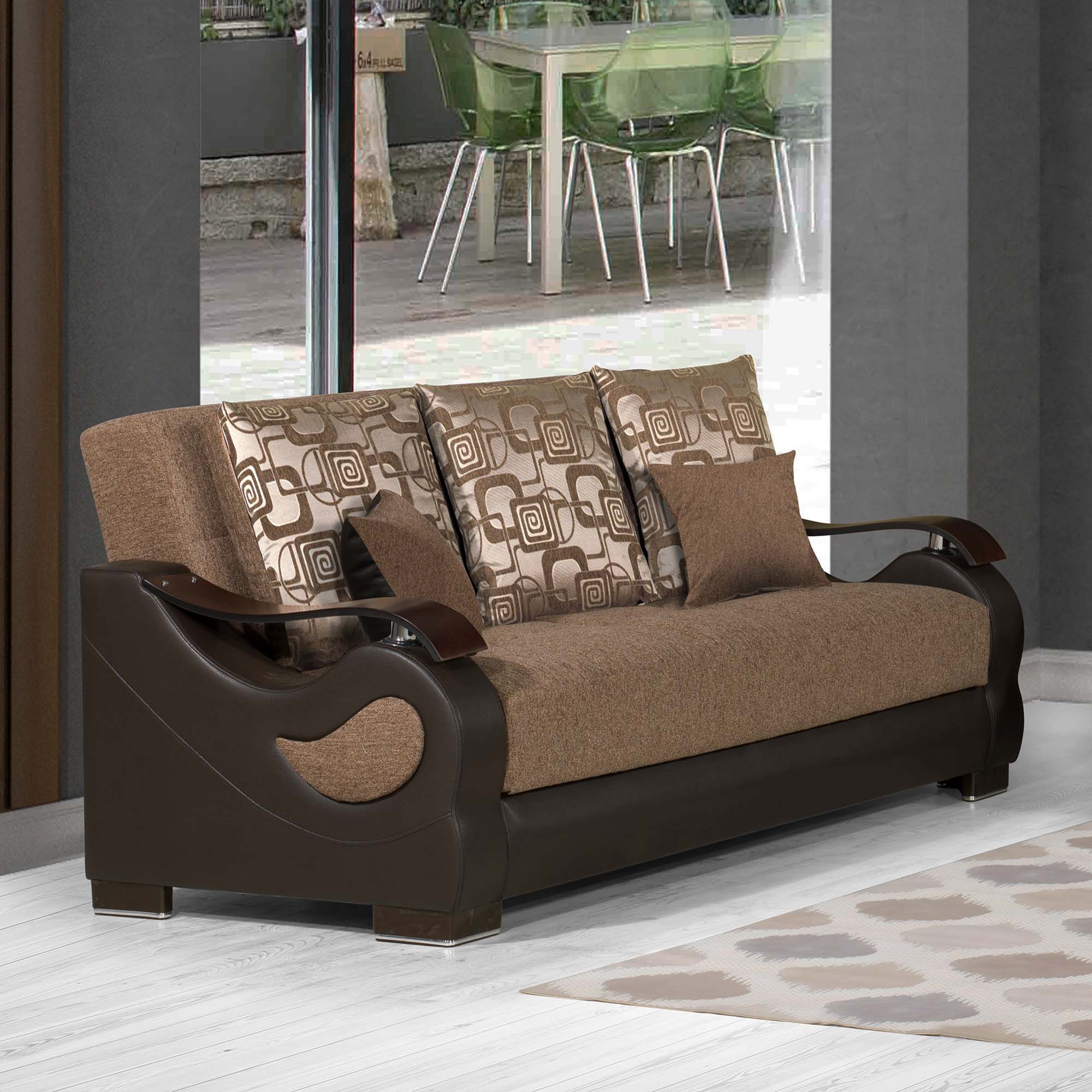 87" Brown Chenille Convertible Futon Sleeper Sofa And Toss Pillows With Storage-4