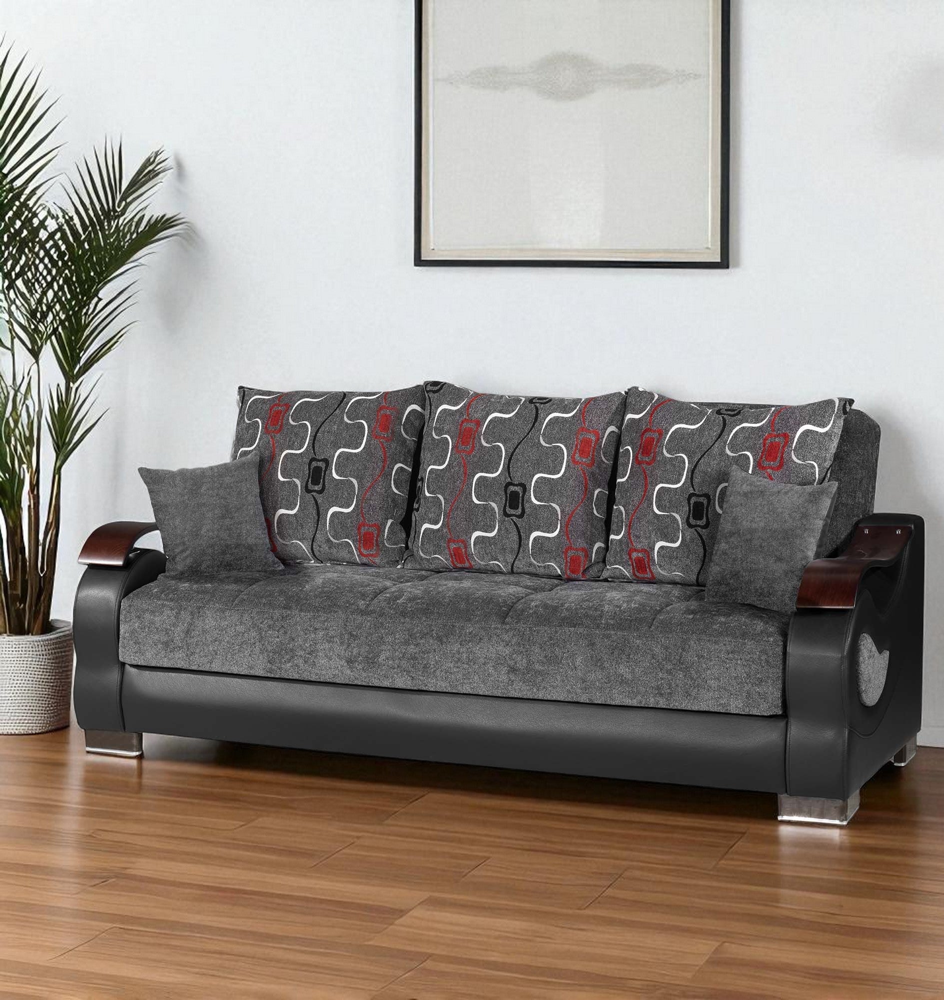 87" Gray Chenille Convertible Futon Sleeper Sofa And Toss Pillows With Storage-0