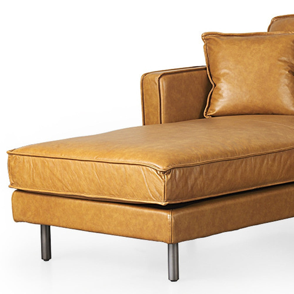 Tan Genuine Leather L Shaped Sofa and Chaise Sectional With Toss Pillows-3