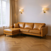 Tan Genuine Leather L Shaped Sofa and Chaise Sectional With Toss Pillows-0