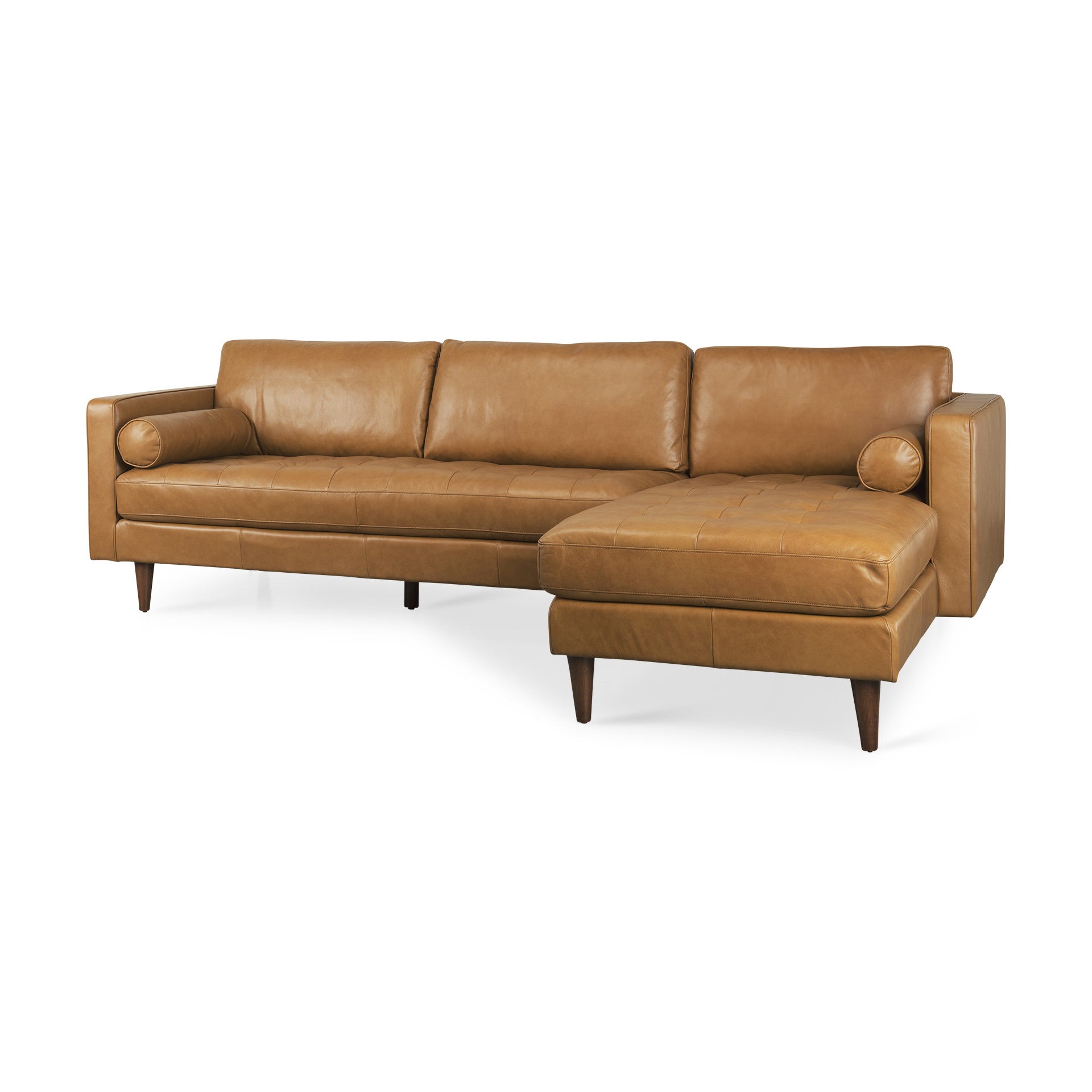 Tan Genuine Leather L Shaped Sofa and Chaise Sectional With Toss Pillows-1