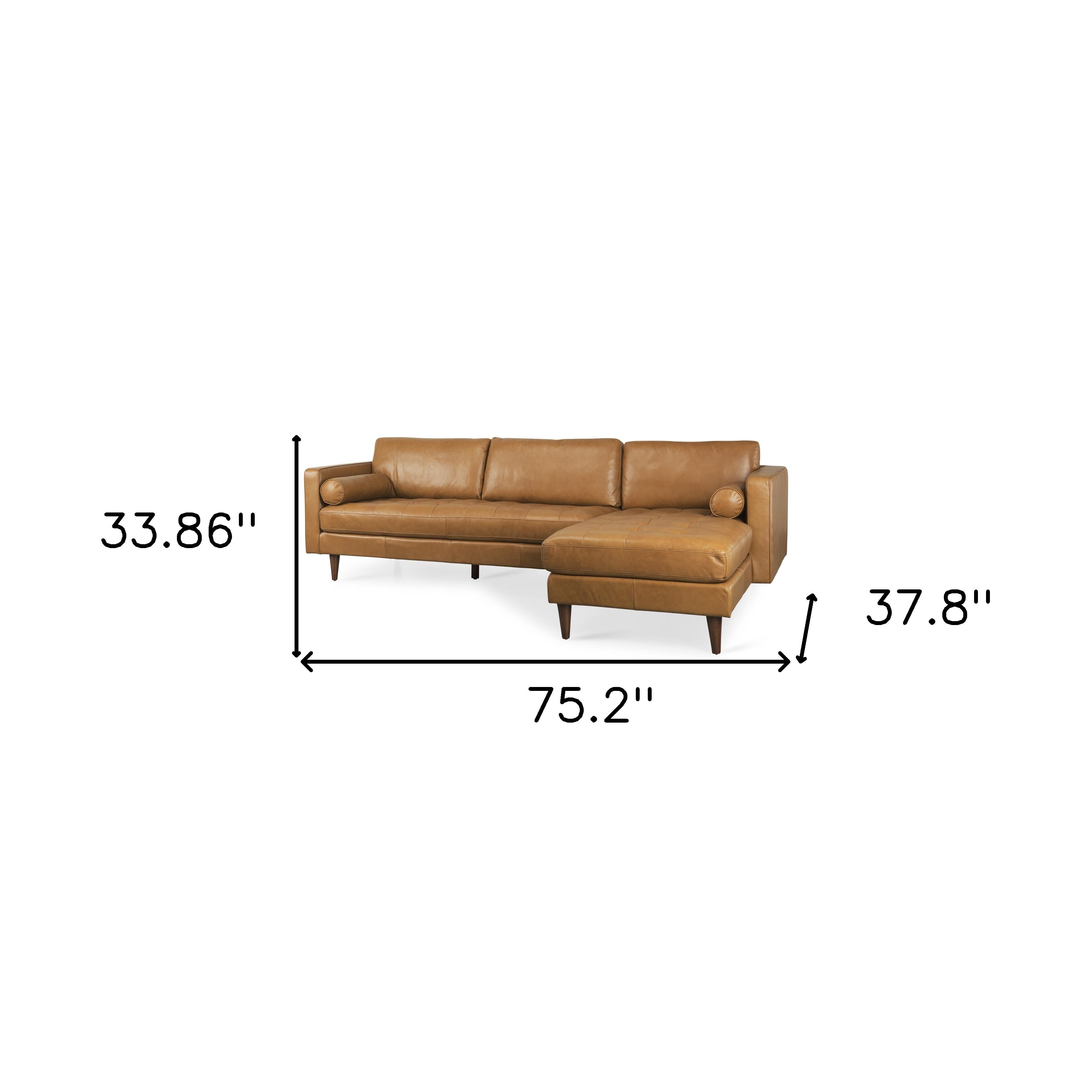 Tan Genuine Leather L Shaped Sofa and Chaise Sectional With Toss Pillows-4
