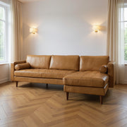 Tan Genuine Leather L Shaped Sofa and Chaise Sectional With Toss Pillows-0