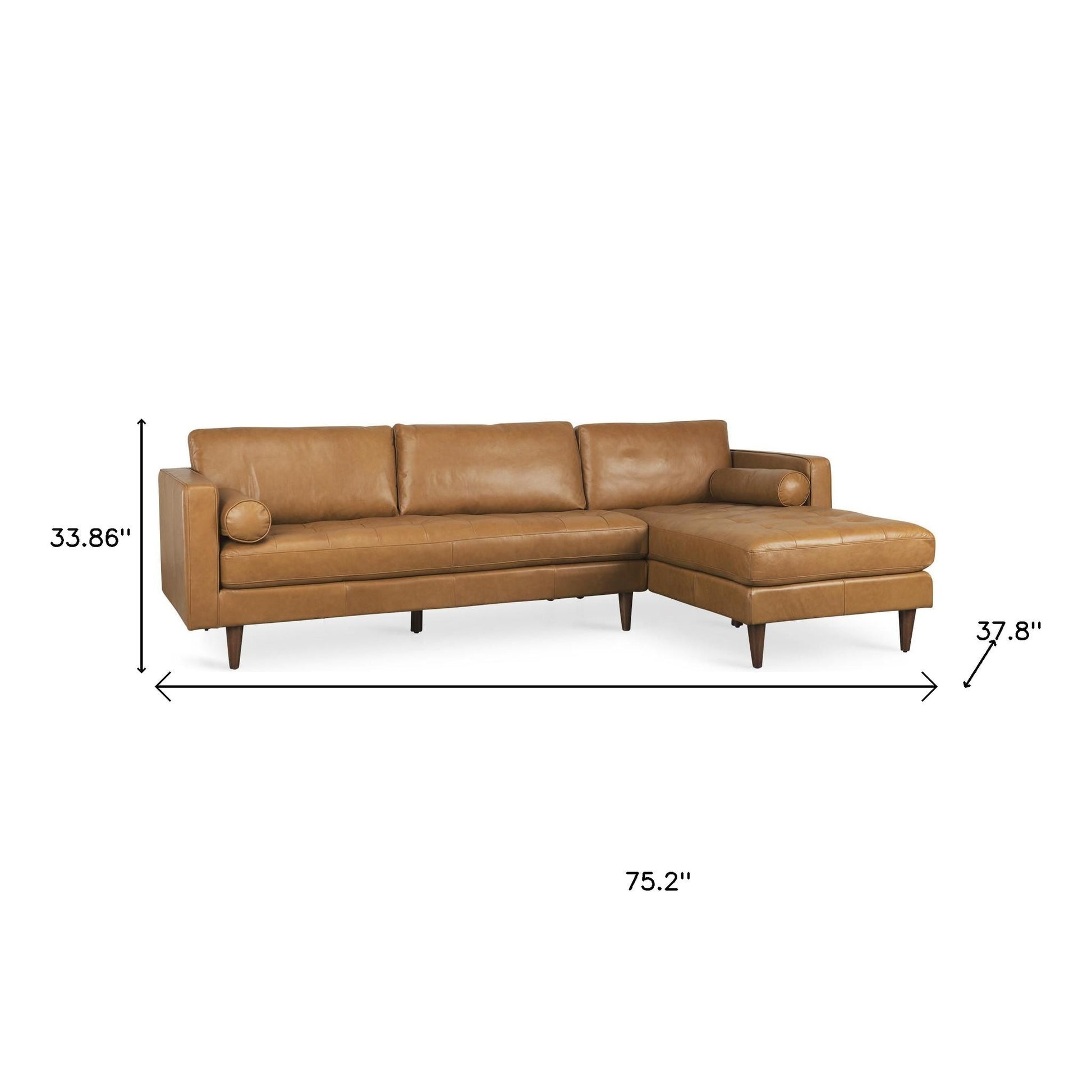 Tan Genuine Leather L Shaped Sofa and Chaise Sectional With Toss Pillows-5