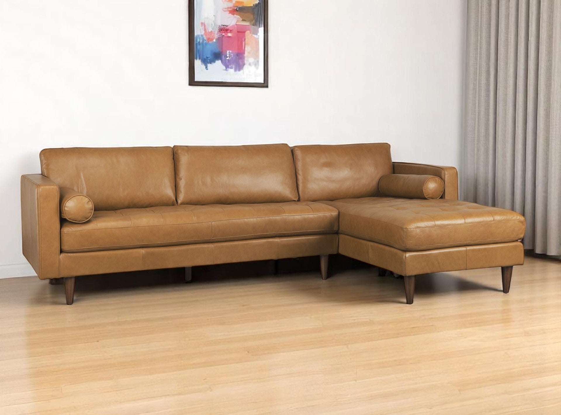 Tan Genuine Leather L Shaped Sofa and Chaise Sectional With Toss Pillows-1