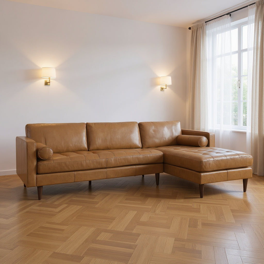 Tan Genuine Leather L Shaped Sofa and Chaise Sectional With Toss Pillows-0