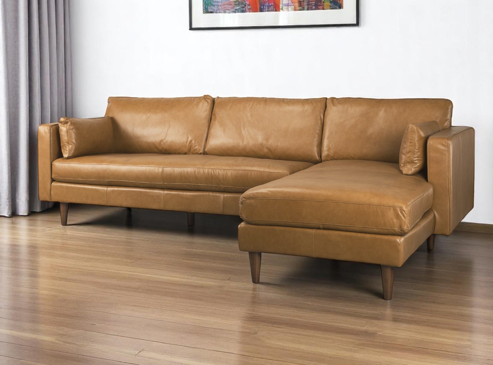 Tan Genuine Leather L Shaped Sofa and Chaise Sectional With Toss Pillows-1