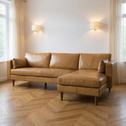 Tan Genuine Leather L Shaped Sofa and Chaise Sectional With Toss Pillows-0