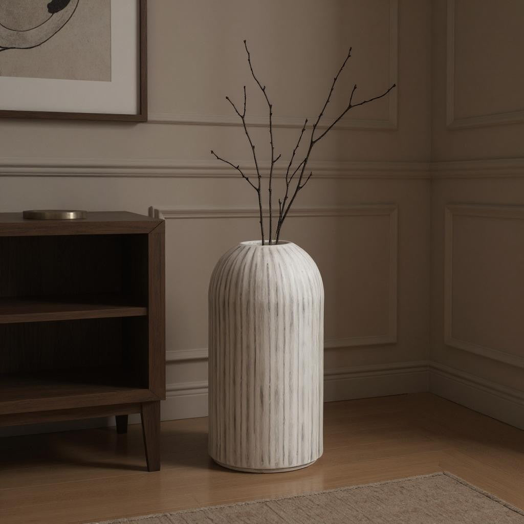 16" Gray And White Striped Cylinder Ceramic Floor Vase-Vases-DECOROLALA