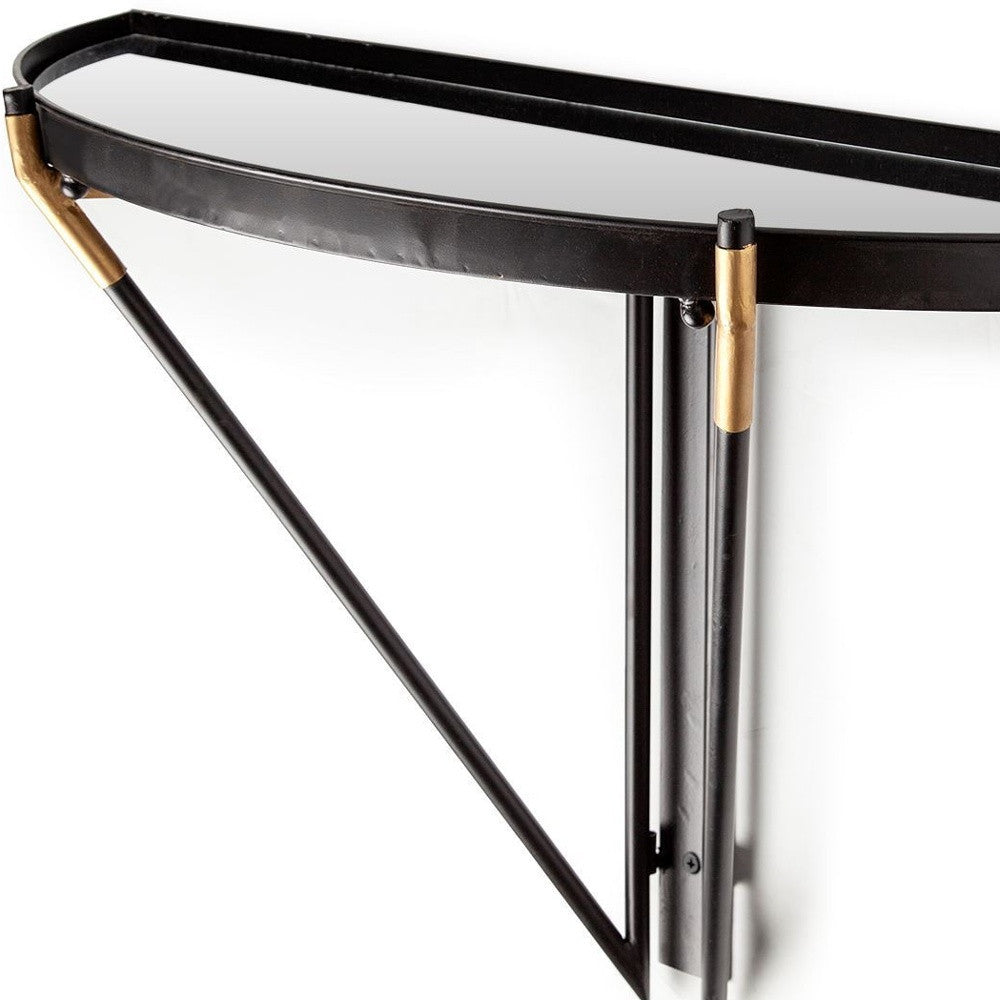 27" Black And Silver Glass And Metal Half Circle Wall Mounted Accent Shelf-Wall Mounted Shelves-DECOROLALA