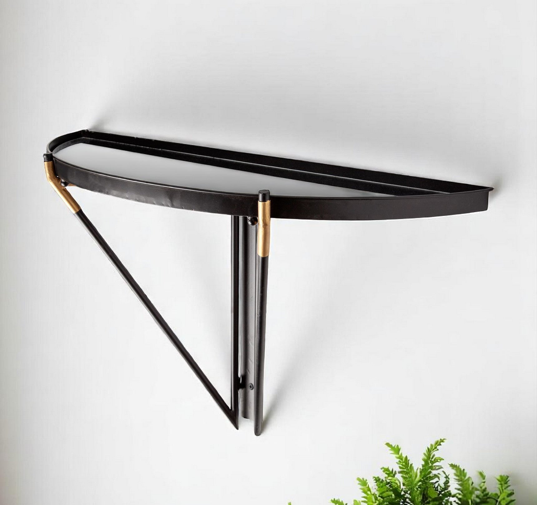 27" Black And Silver Glass And Metal Half Circle Wall Mounted Accent Shelf-Wall Mounted Shelves-DECOROLALA