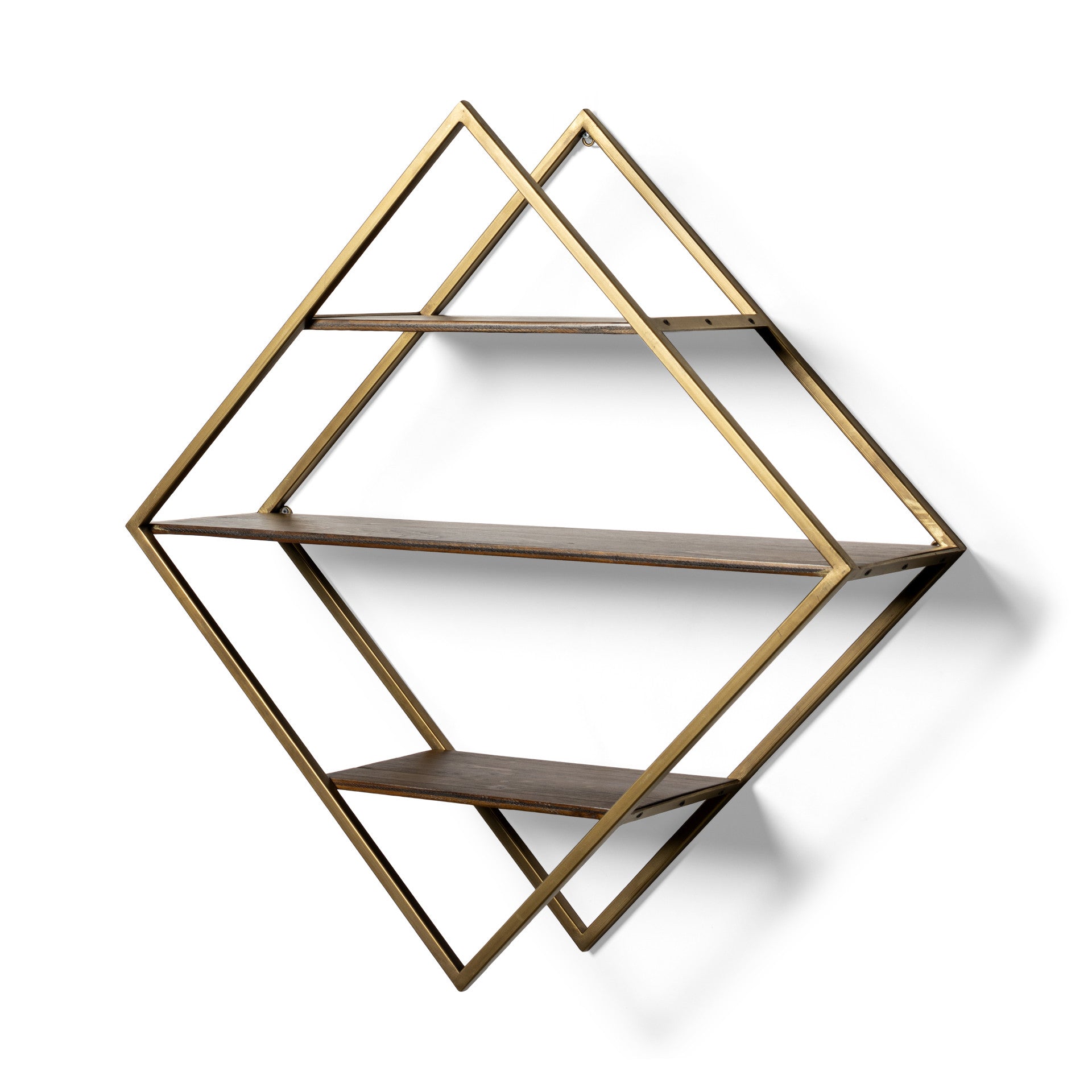 30" Antiqued Brass And Brown Metal And Solid Wood Diamond Shaped Accent Shelf-Wall Mounted Shelves-DECOROLALA