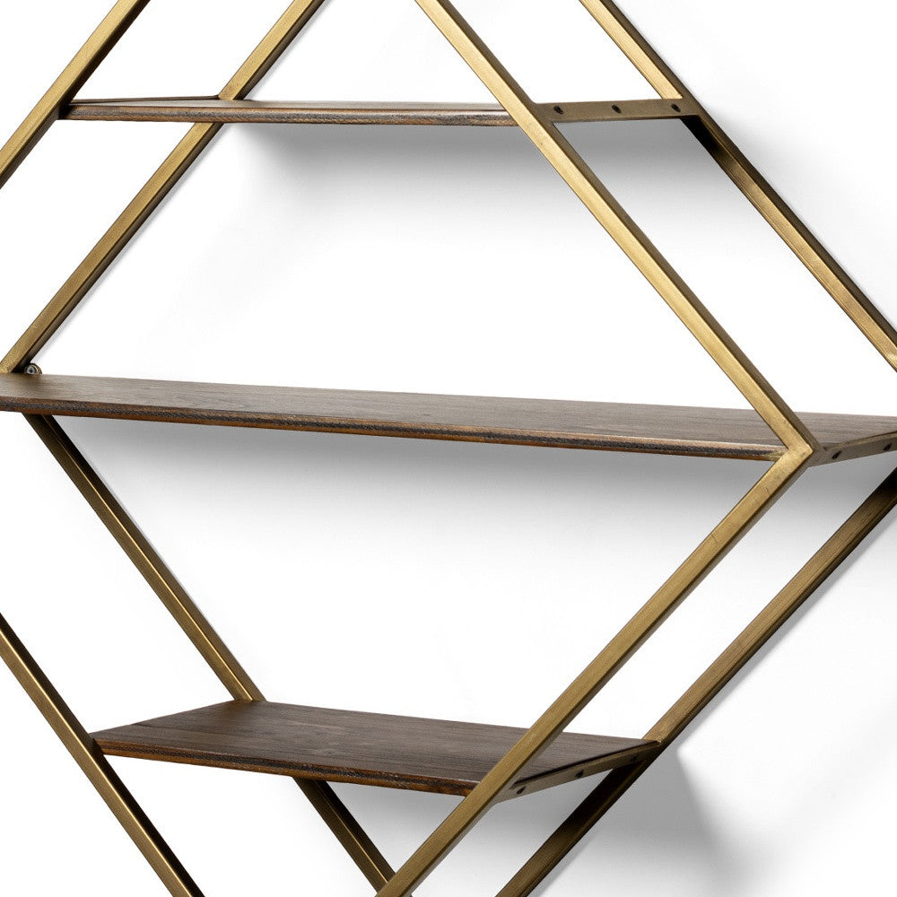 30" Antiqued Brass And Brown Metal And Solid Wood Diamond Shaped Accent Shelf-Wall Mounted Shelves-DECOROLALA