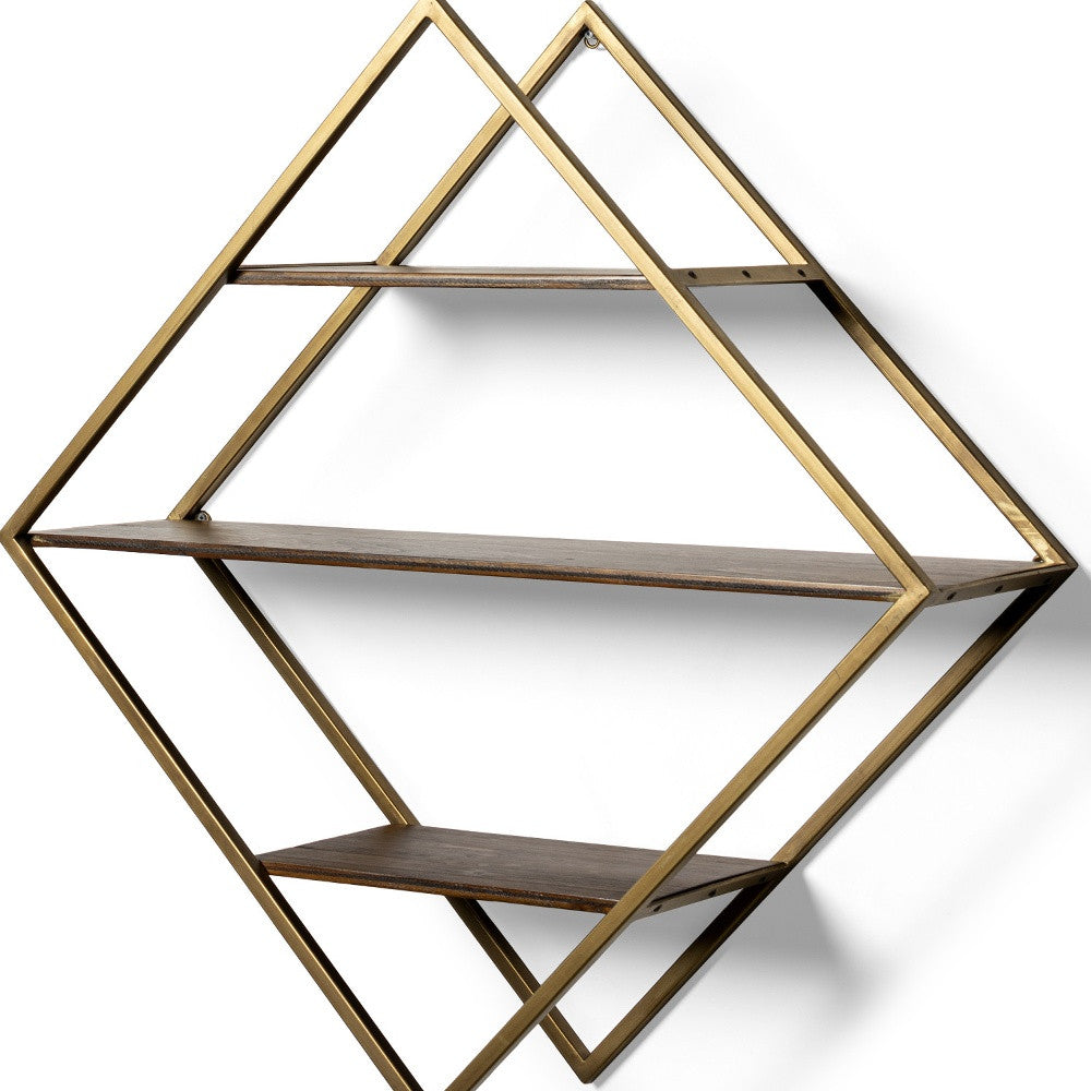 30" Antiqued Brass And Brown Metal And Solid Wood Diamond Shaped Accent Shelf-Wall Mounted Shelves-DECOROLALA