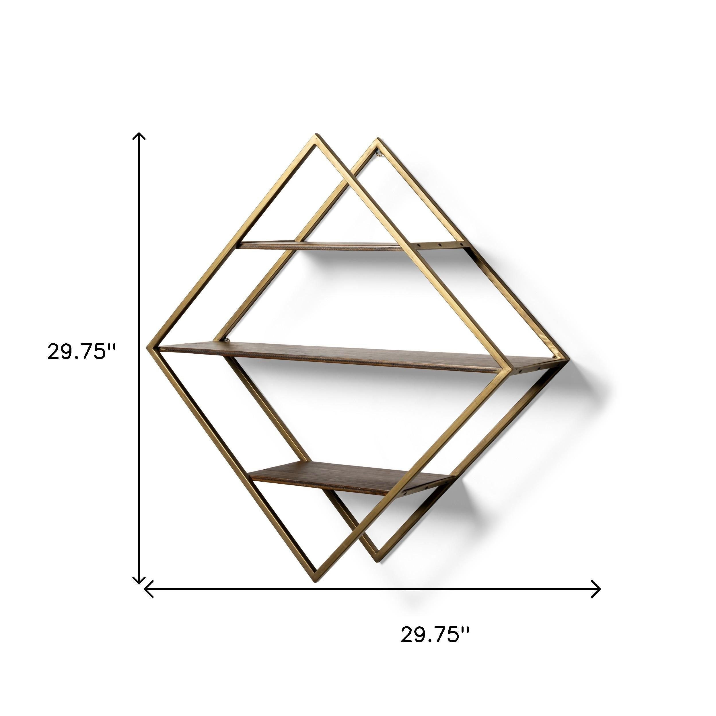 30" Antiqued Brass And Brown Metal And Solid Wood Diamond Shaped Accent Shelf-Wall Mounted Shelves-DECOROLALA