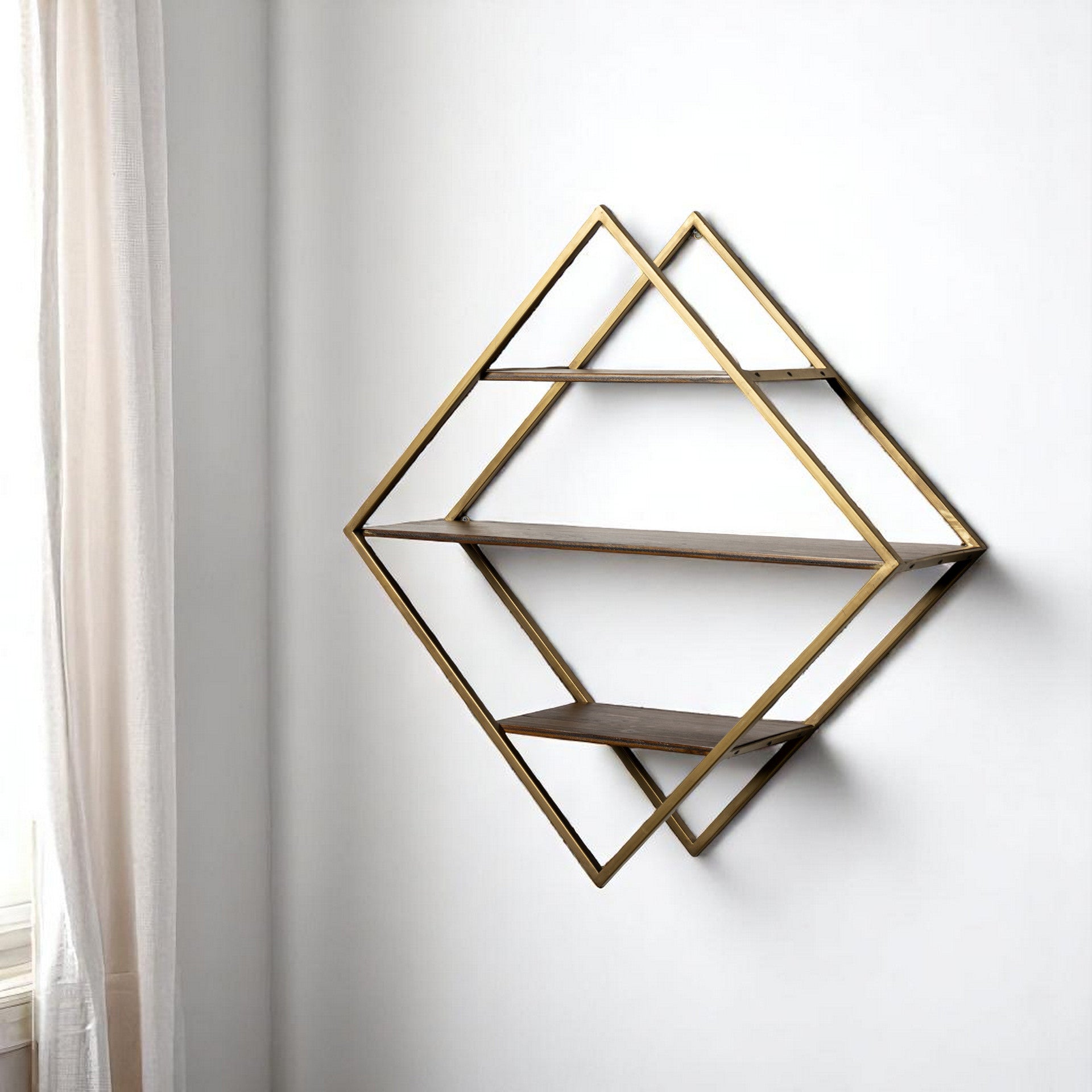 30" Antiqued Brass And Brown Metal And Solid Wood Diamond Shaped Accent Shelf-Wall Mounted Shelves-DECOROLALA