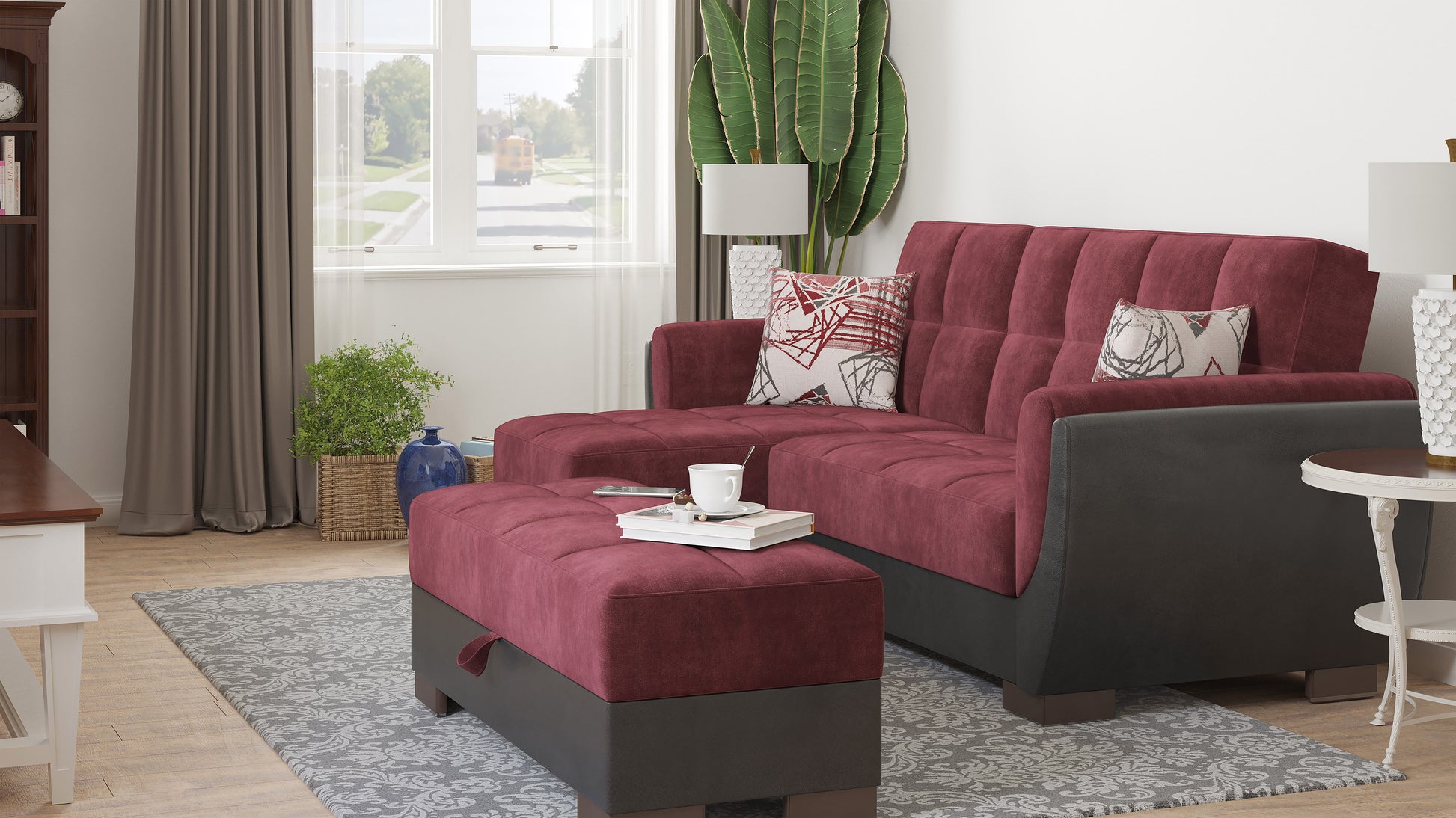 50" Burgundy Black Brown Microfiber Tufted Storage Ottoman-Ottomans-DECOROLALA