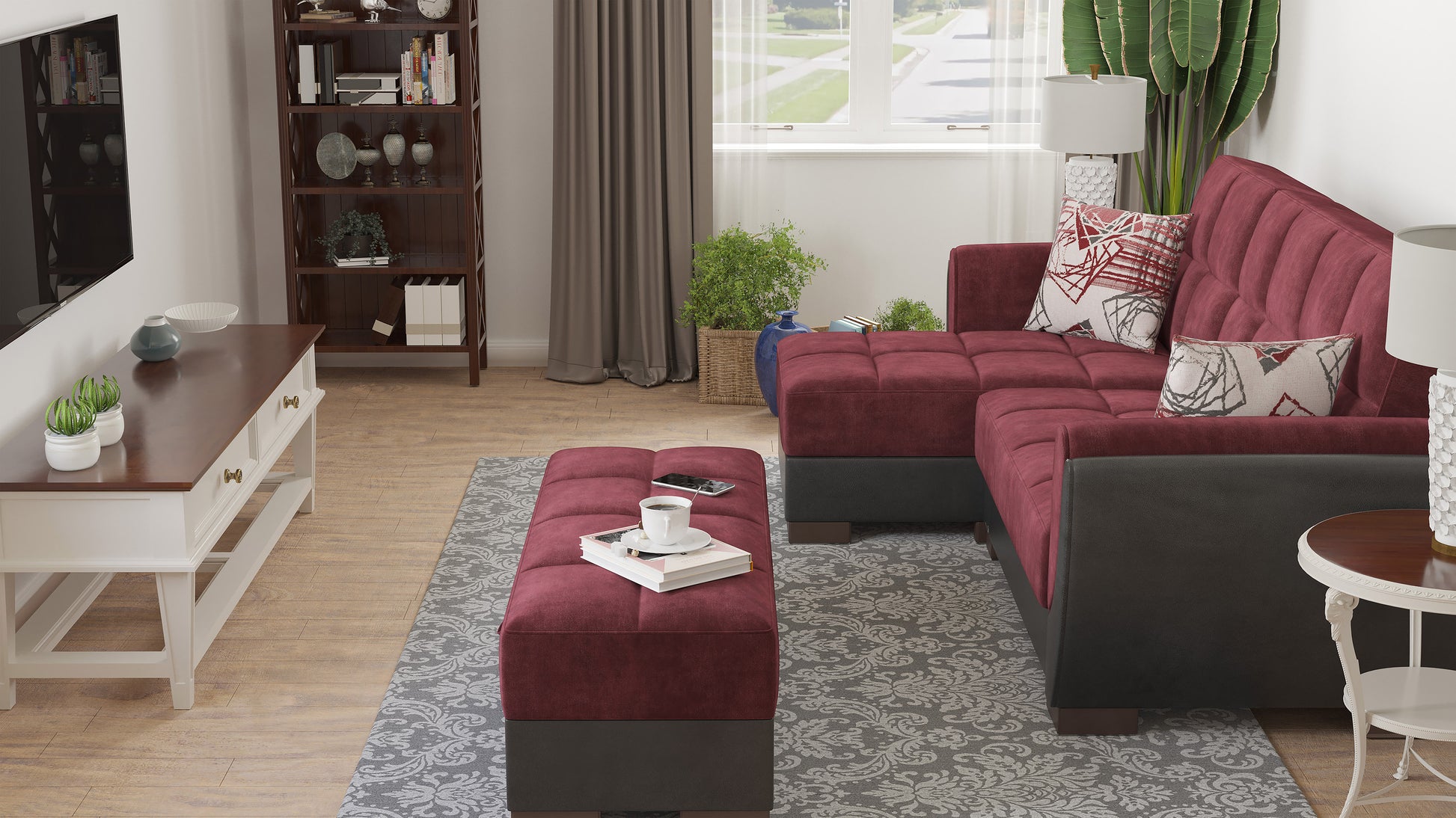 50" Burgundy Black Brown Microfiber Tufted Storage Ottoman-Ottomans-DECOROLALA