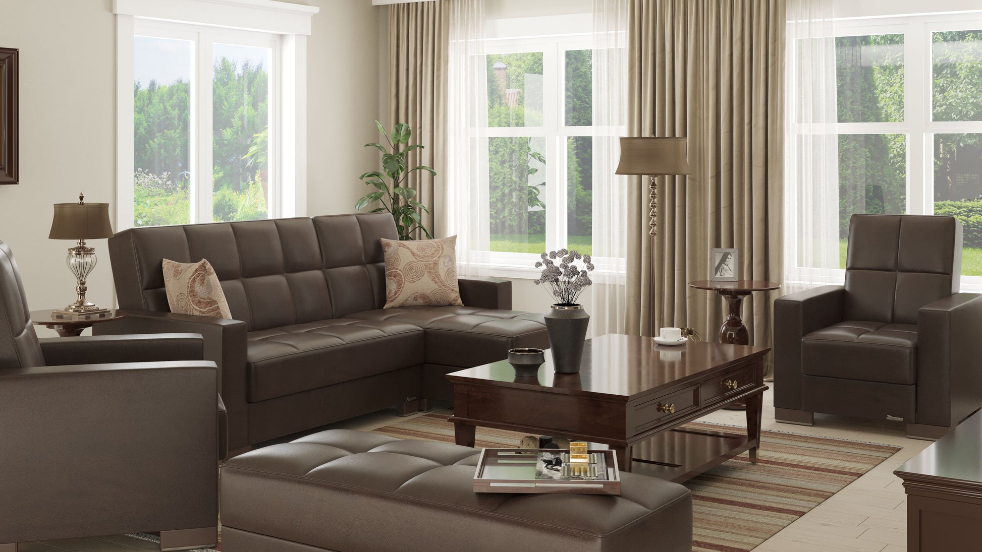 52" Brown Faux Leather Tufted Storage Ottoman-Ottomans-DECOROLALA