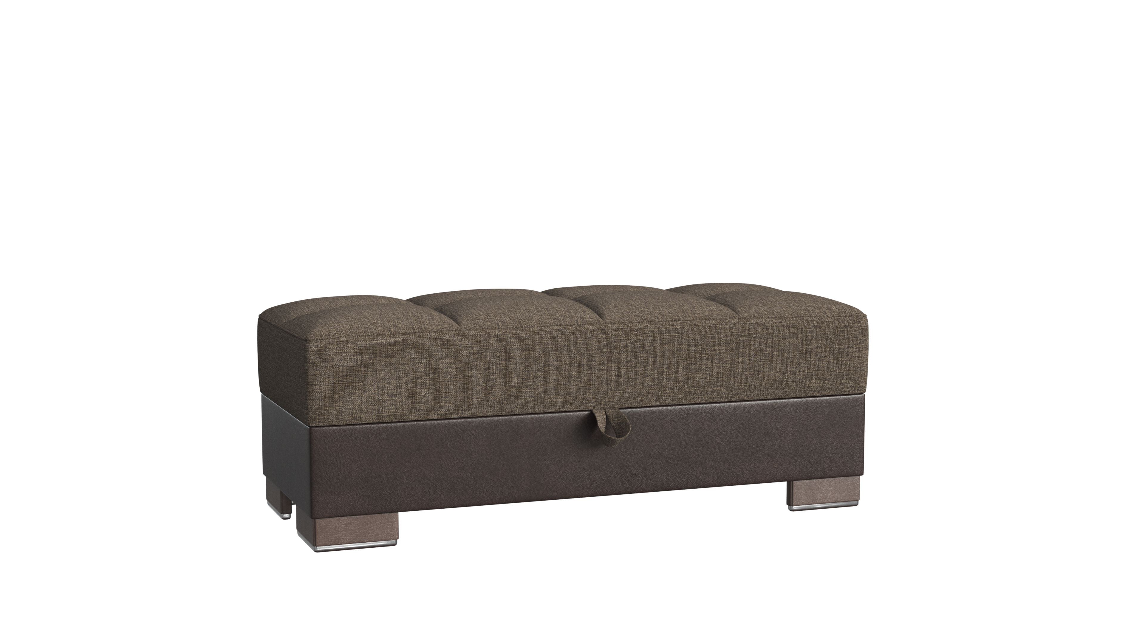 52" Brown Chenille And Faux Leather Tufted Storage Ottoman-Ottomans-DECOROLALA