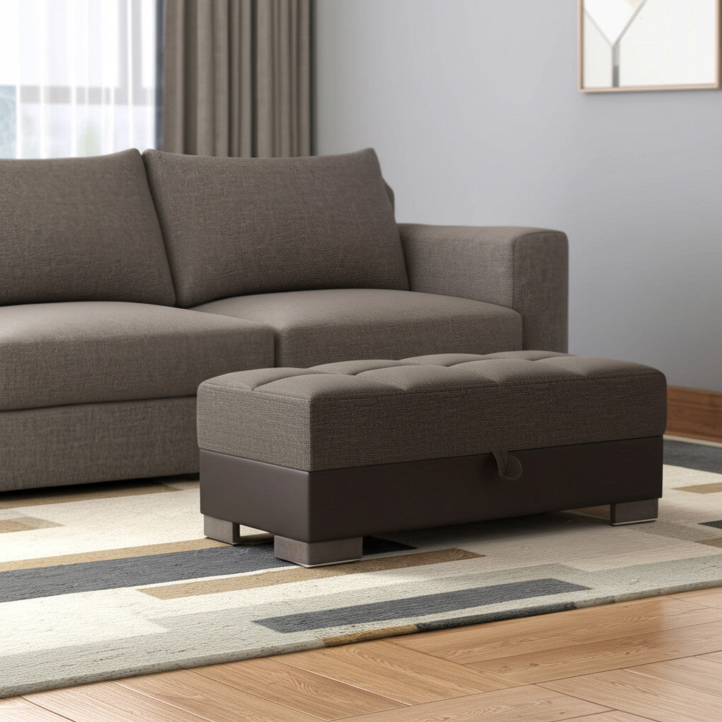 52" Brown Chenille And Faux Leather Tufted Storage Ottoman-Ottomans-DECOROLALA
