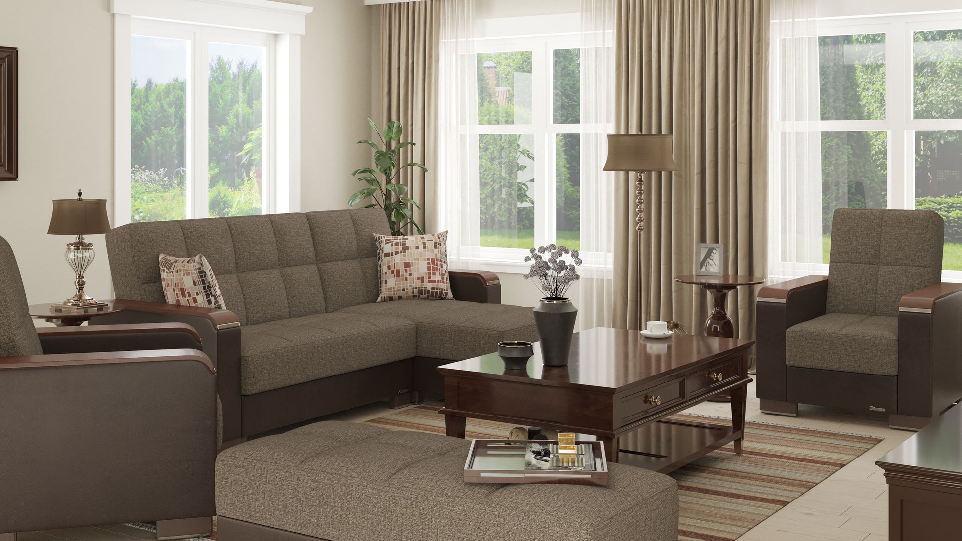 52" Brown Chenille And Faux Leather Tufted Storage Ottoman-Ottomans-DECOROLALA
