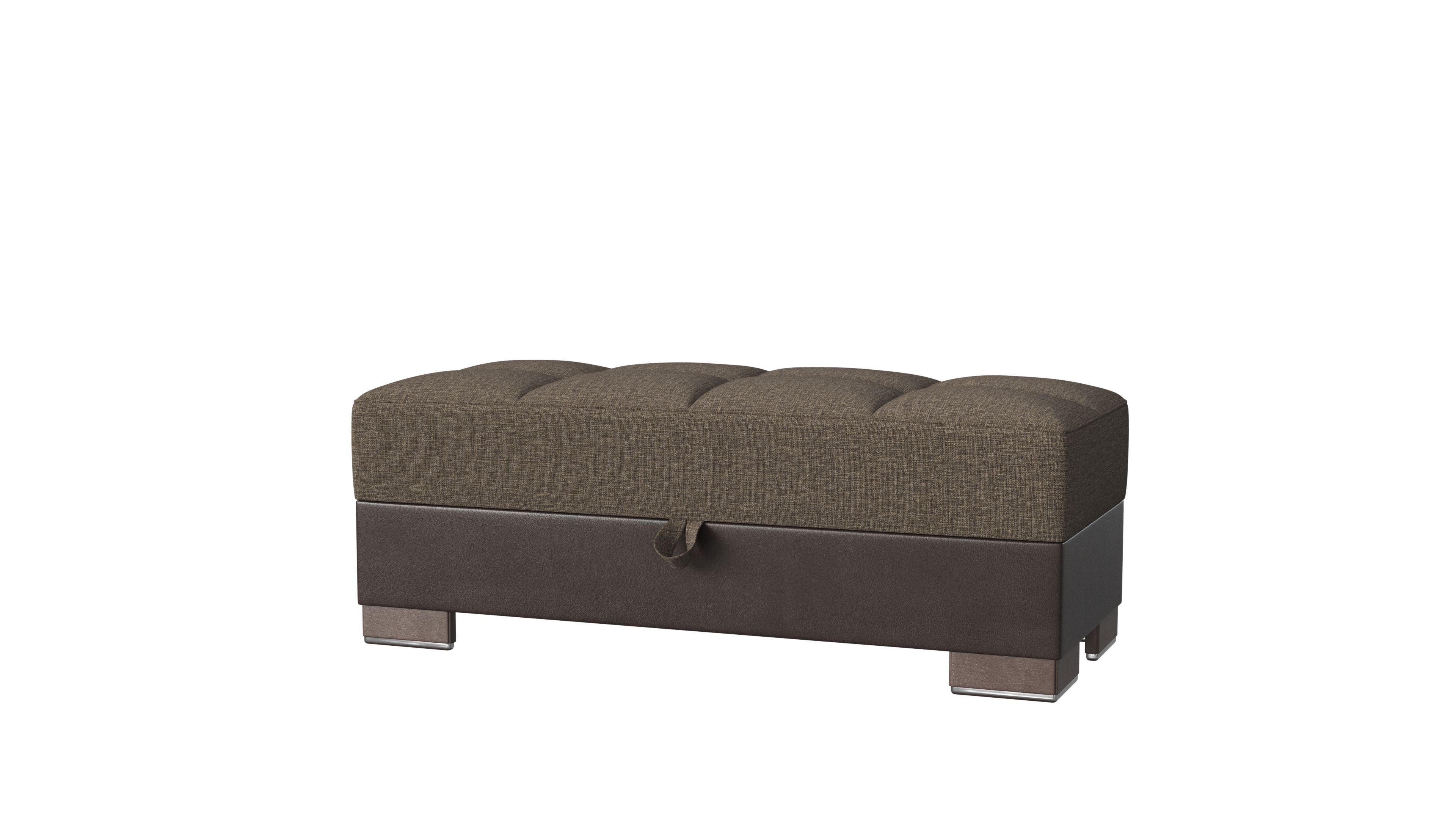52" Brown Chenille And Faux Leather Tufted Storage Ottoman-Ottomans-DECOROLALA