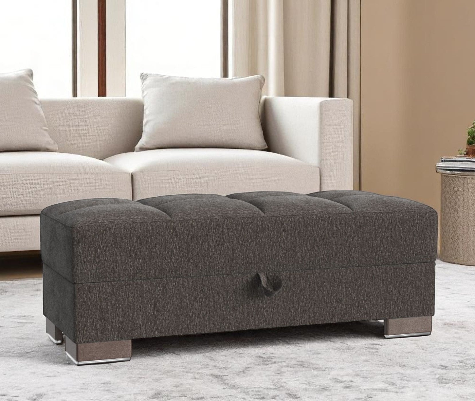 52" Dark Gray and Brown Chenille Tufted Storage Ottoman-0