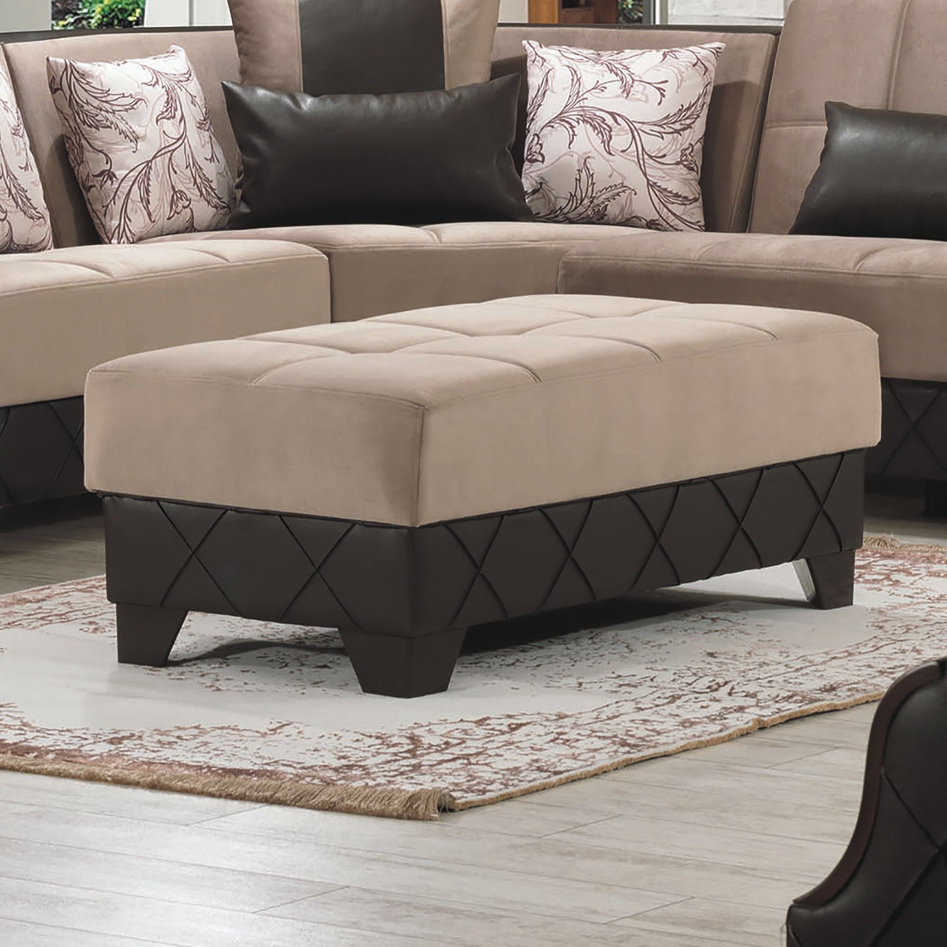 48" Taupe and Espresso Faux Leather And Microfiber Tufted Storage Ottoman-Ottomans-DECOROLALA