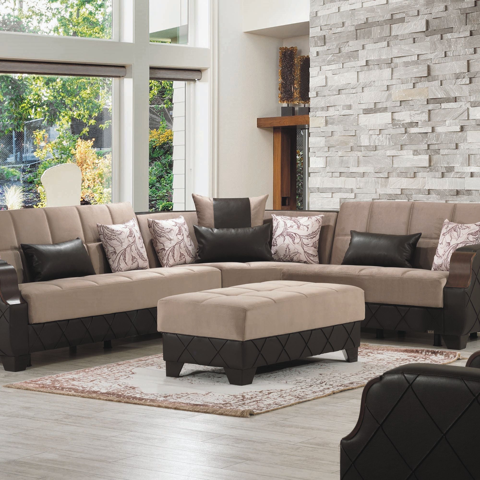 48" Taupe and Espresso Faux Leather And Microfiber Tufted Storage Ottoman-Ottomans-DECOROLALA