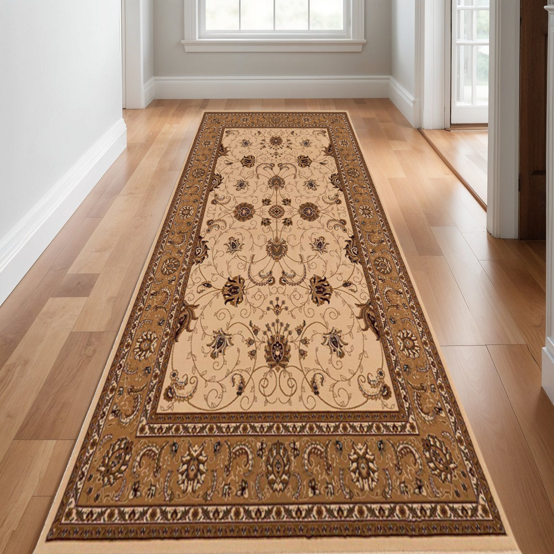 25' Runner Tan And Brown Oriental Runner Rug-0