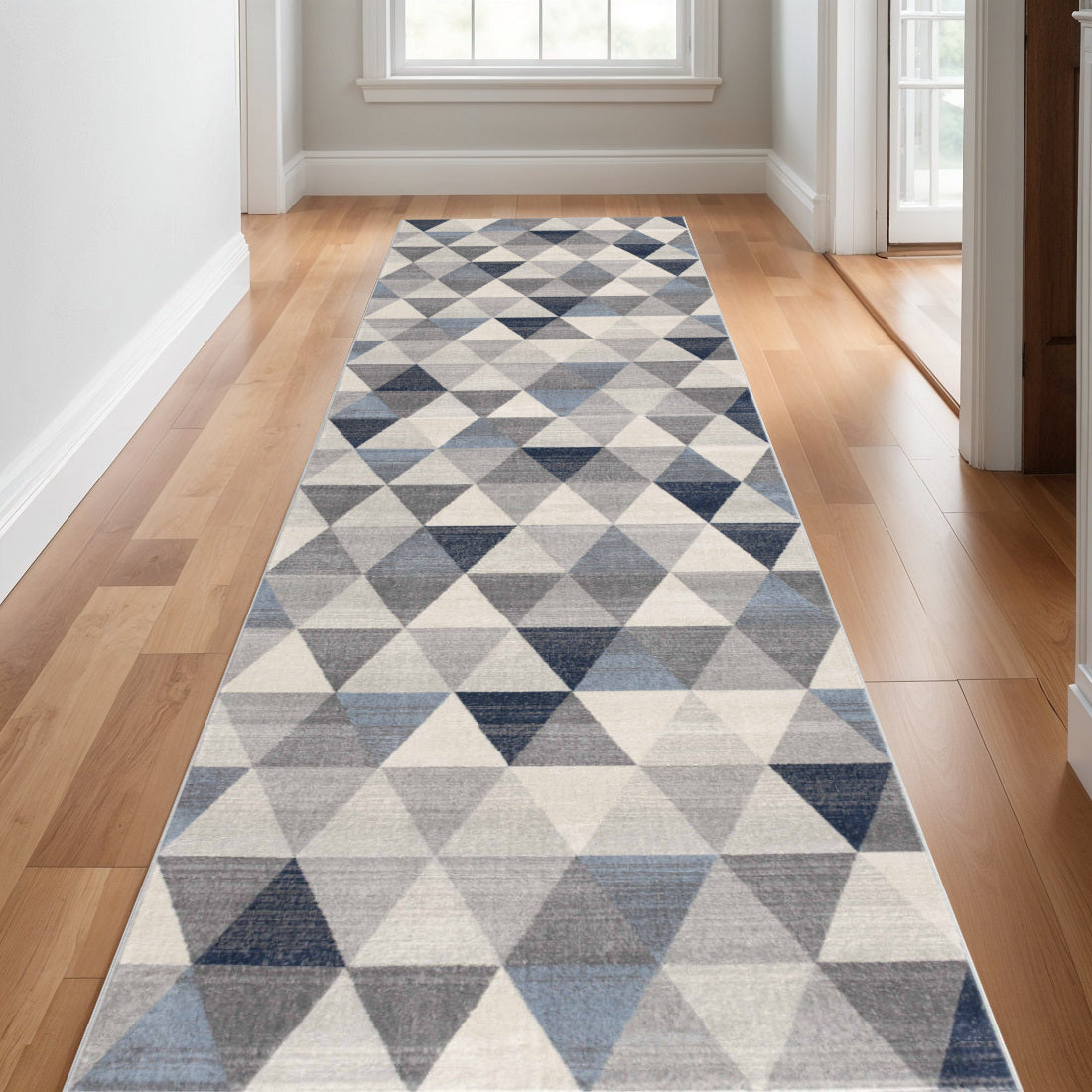 25' Runner Blue Beige And Gray Geometric Runner Rug-0