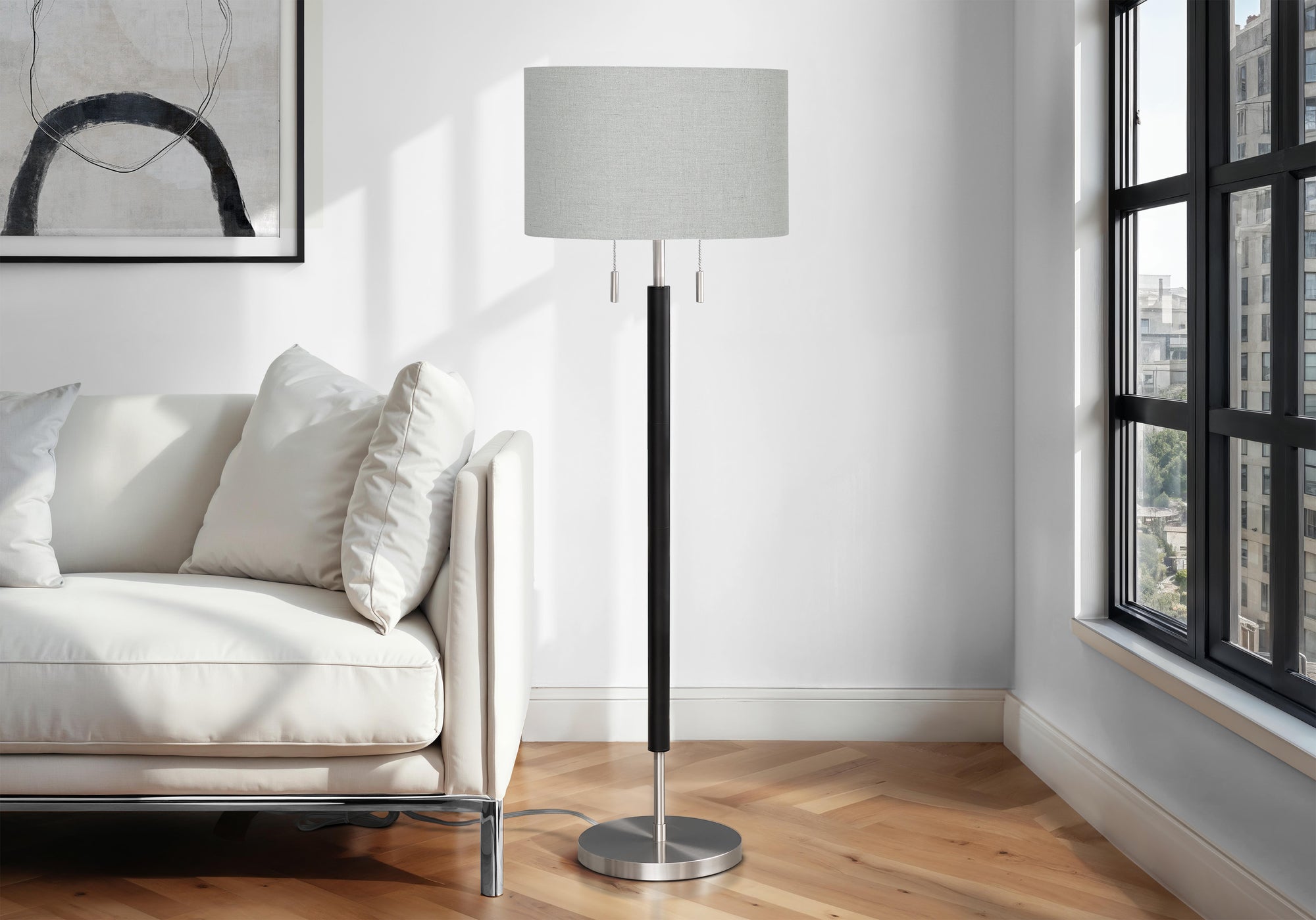 60"H Floor Lamp Nickel Metal Grey Fabric Shade-Lighting-DECOROLALA