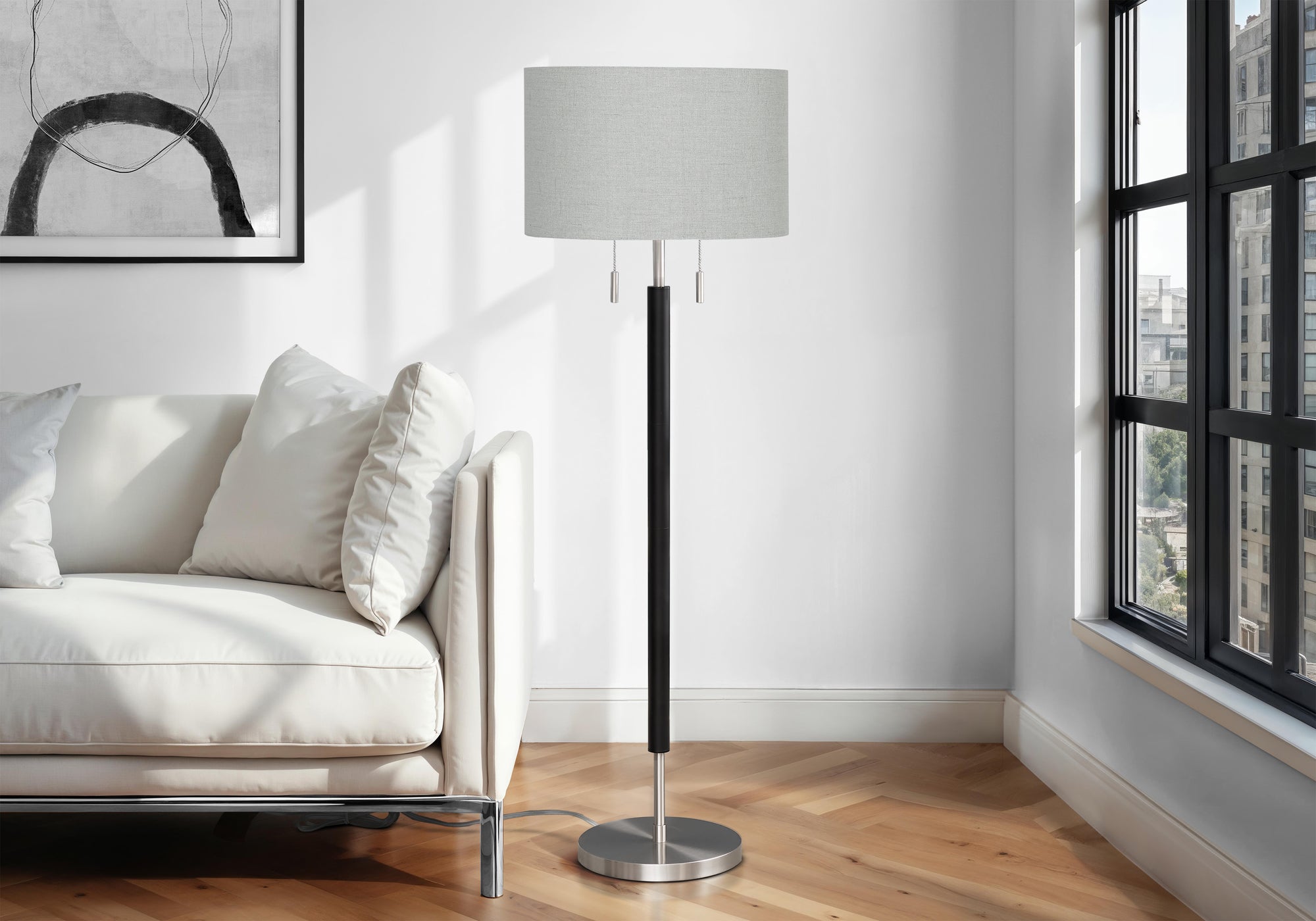 60"H Floor Lamp Nickel Metal Grey Fabric Shade-Lighting-DECOROLALA