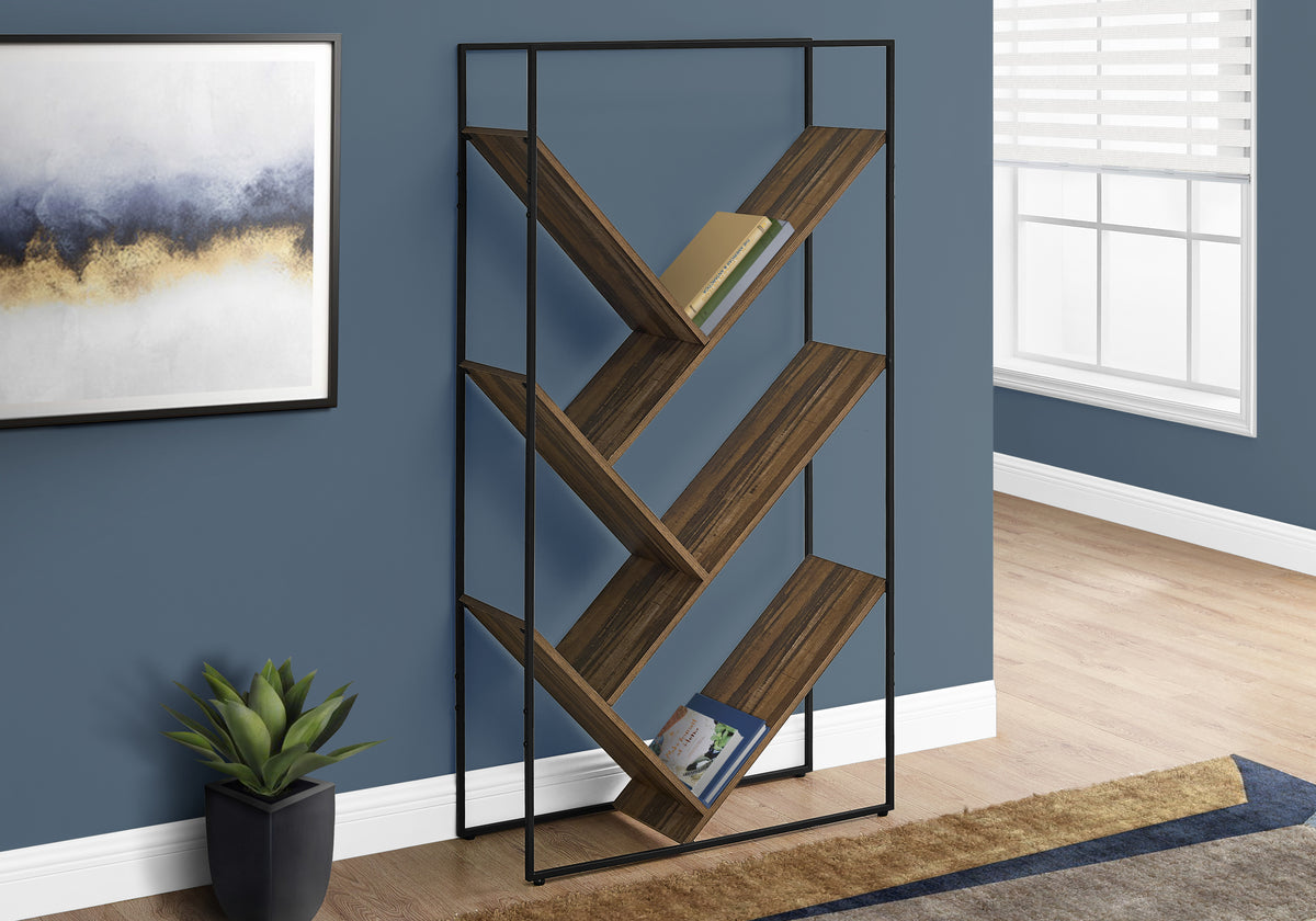 60"H Grey Wood 5-Tier V-Shaped Bookcase with Black Metal Frame-Bookcases-DECOROLALA