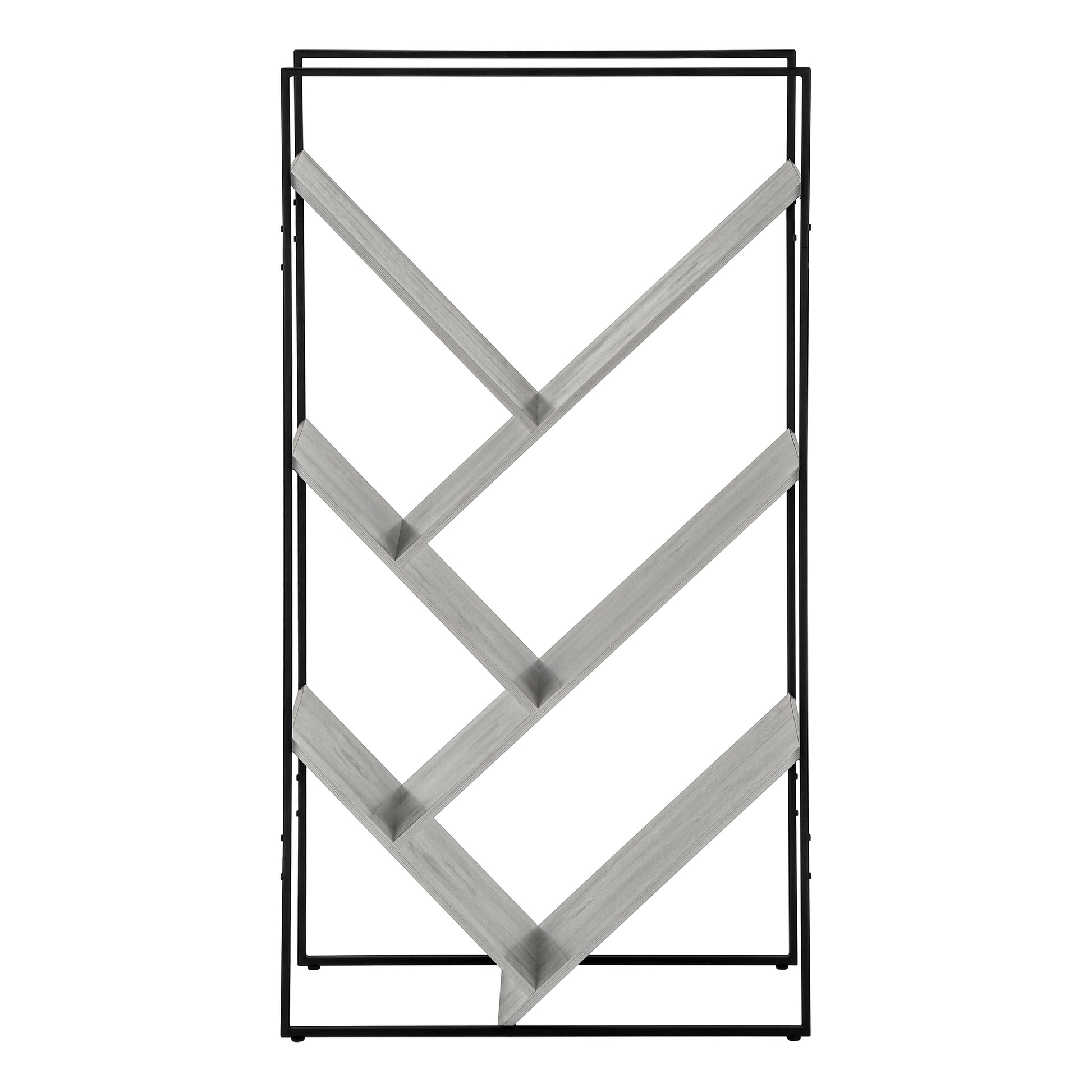 60"H Grey Wood 5-Tier V-Shaped Bookcase with Black Metal Frame-Bookshelf-DECOROLALA