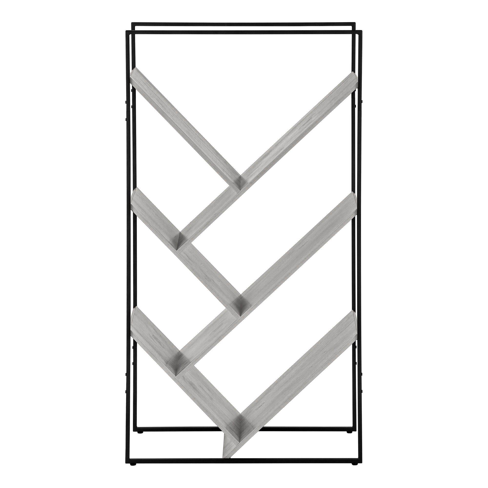 60"H Grey Wood 5-Tier V-Shaped Bookcase with Black Metal Frame-Bookshelf-DECOROLALA