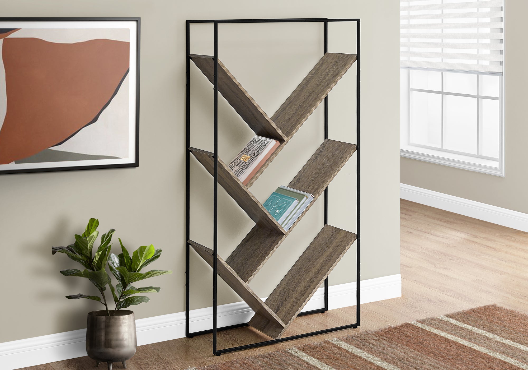 60"H Grey Wood 5-Tier V-Shaped Bookcase with Black Metal Frame-Bookshelf-DECOROLALA