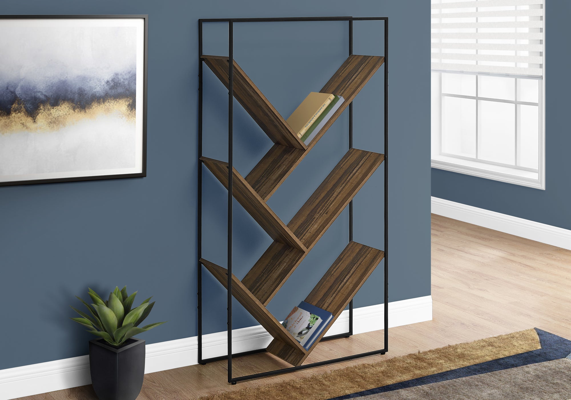 60"H Grey Wood 5-Tier V-Shaped Bookcase with Black Metal Frame-Bookshelf-DECOROLALA