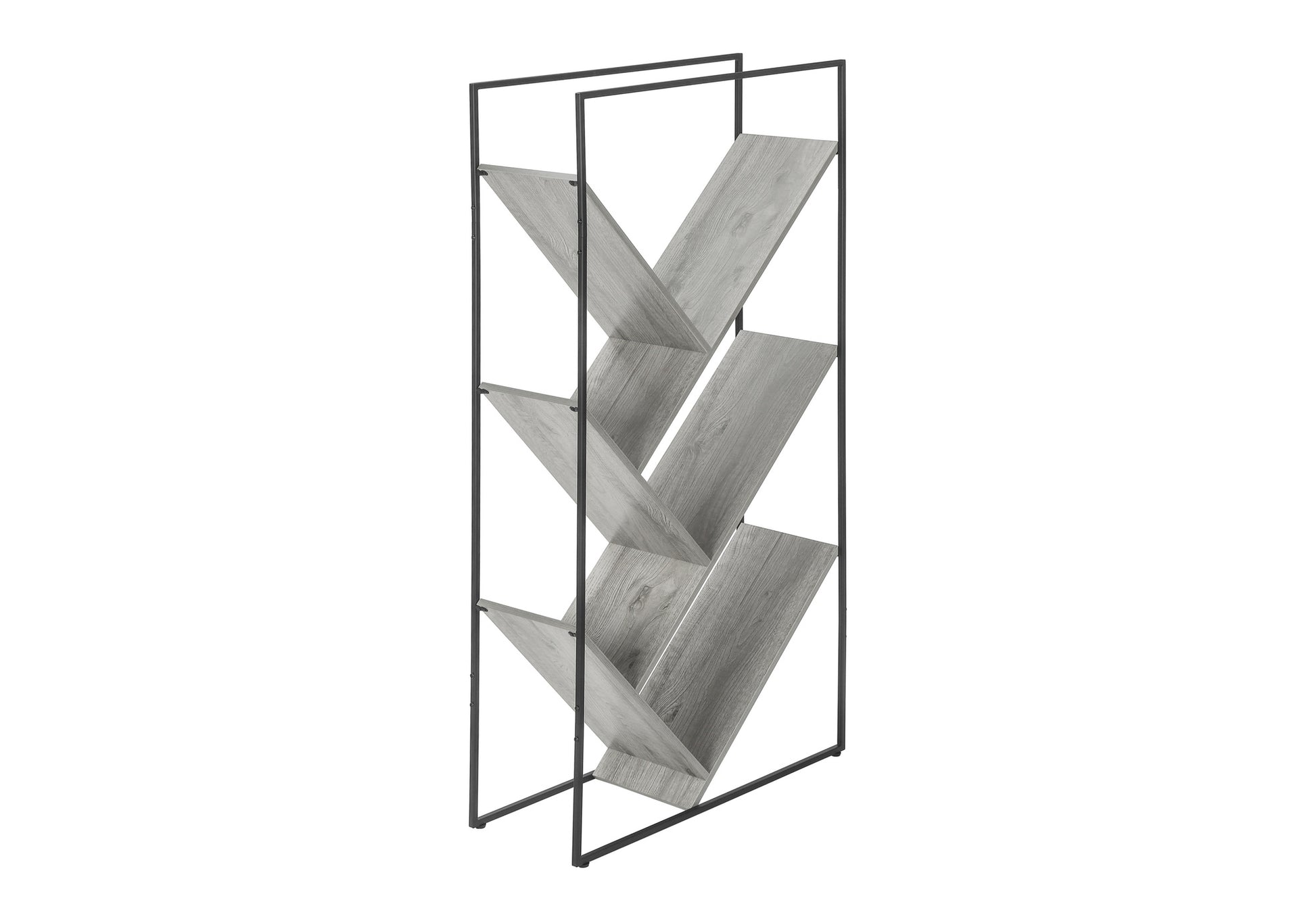 60"H Grey Wood 5-Tier V-Shaped Bookcase with Black Metal Frame-Bookshelf-DECOROLALA