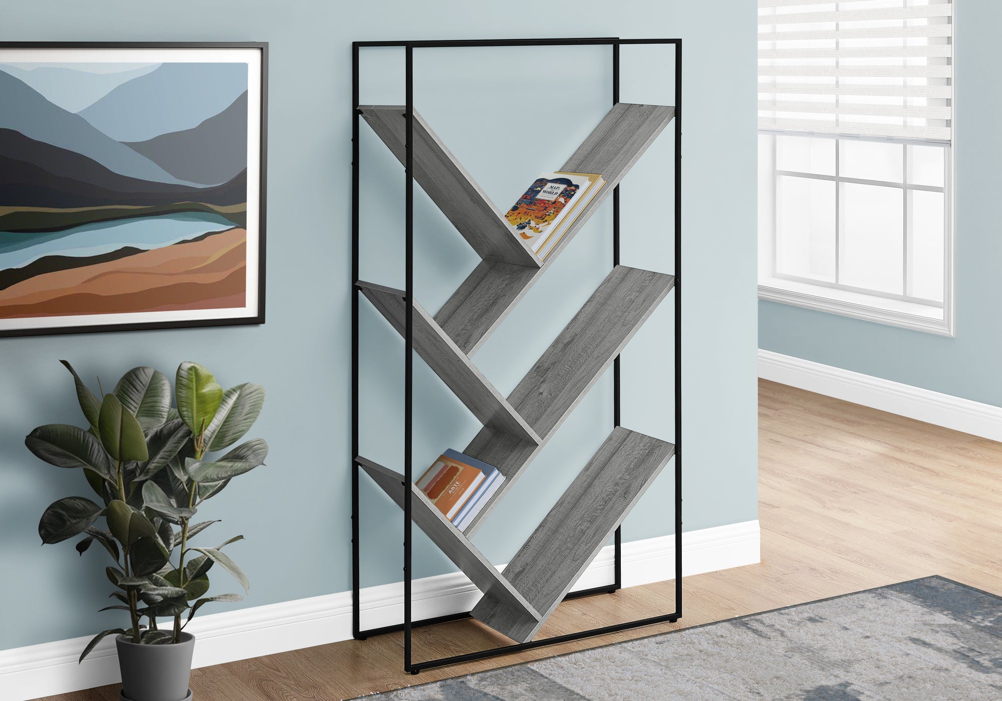 60"H Grey Wood 5-Tier V-Shaped Bookcase with Black Metal Frame-Bookshelf-DECOROLALA
