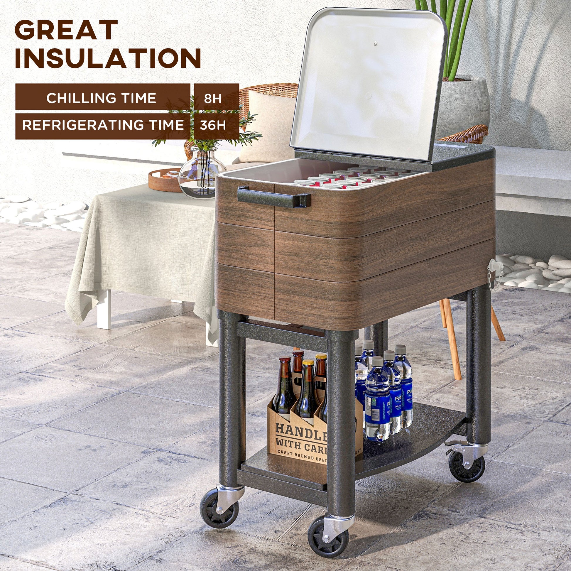 60qt Rolling Patio Cooler Cart with Bottle Opener - Brown-DECOROLALA