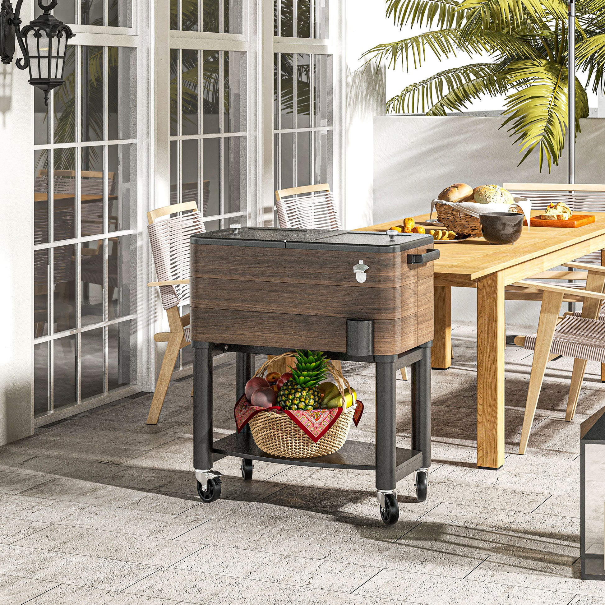 60qt Rolling Patio Cooler Cart with Bottle Opener - Brown-DECOROLALA