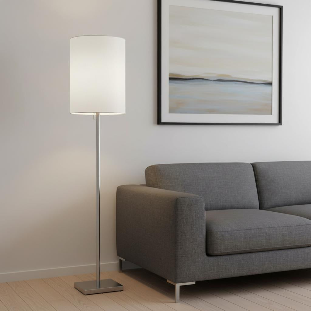 61" Brass Metal Floor Lamp With White Fabric Cylinder Shade-Floor Lamps-DECOROLALA