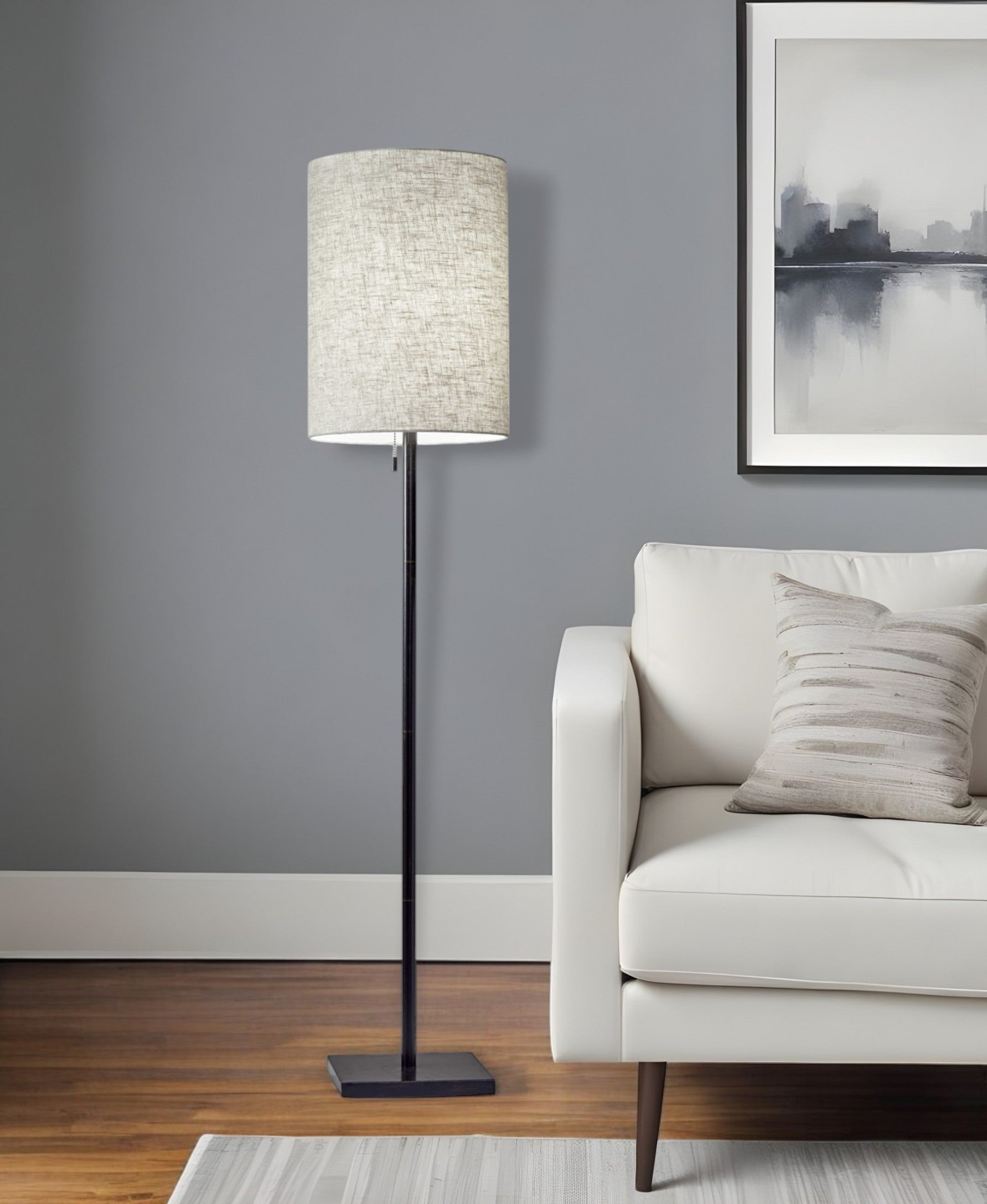 61" Brass Metal Floor Lamp With White Fabric Cylinder Shade-Floor Lamps-DECOROLALA