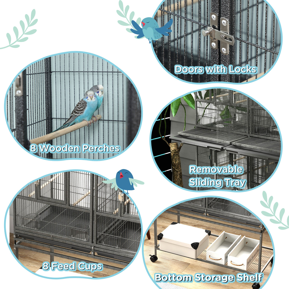 61" Divided Breeder Bird Cage with Rolling Stand - Dark Grey-Birds-DECOROLALA