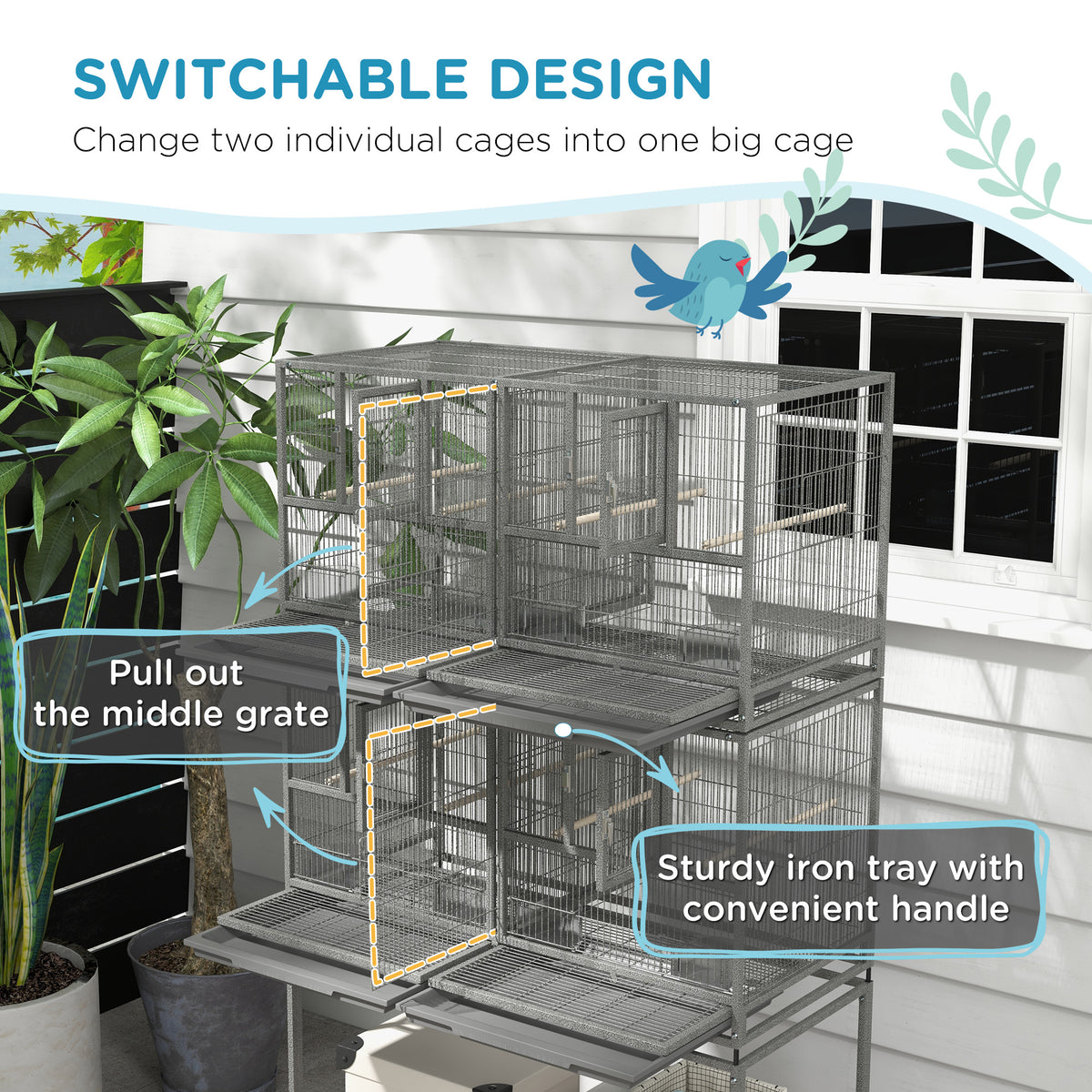 61" Divided Breeder Bird Cage with Rolling Stand - Dark Grey-Birds-DECOROLALA