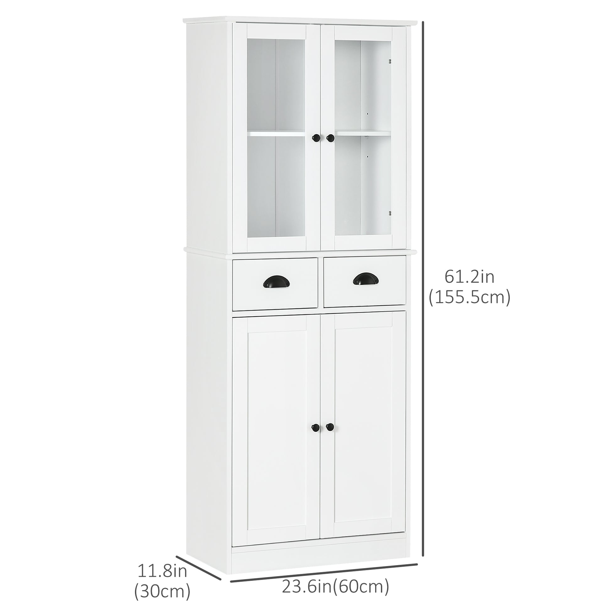 61" Farmhouse Pantry Cabinet - White, Glass Doors, Adjustable Shelves-DECOROLALA