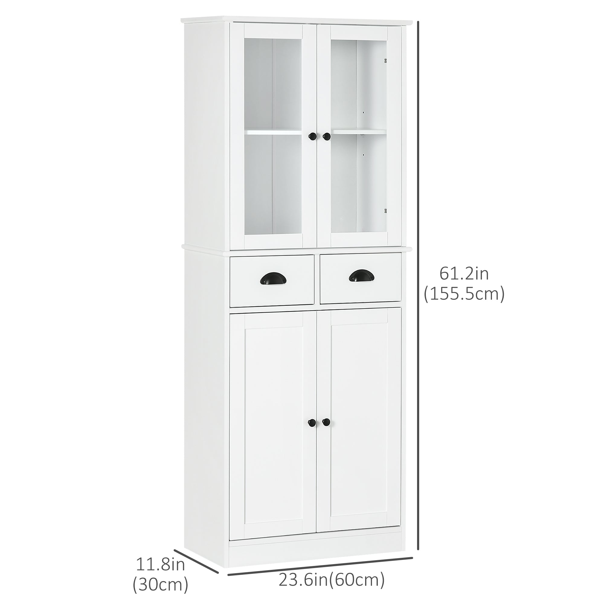 61" Farmhouse Pantry Cabinet - White, Glass Doors, Adjustable Shelves-DECOROLALA