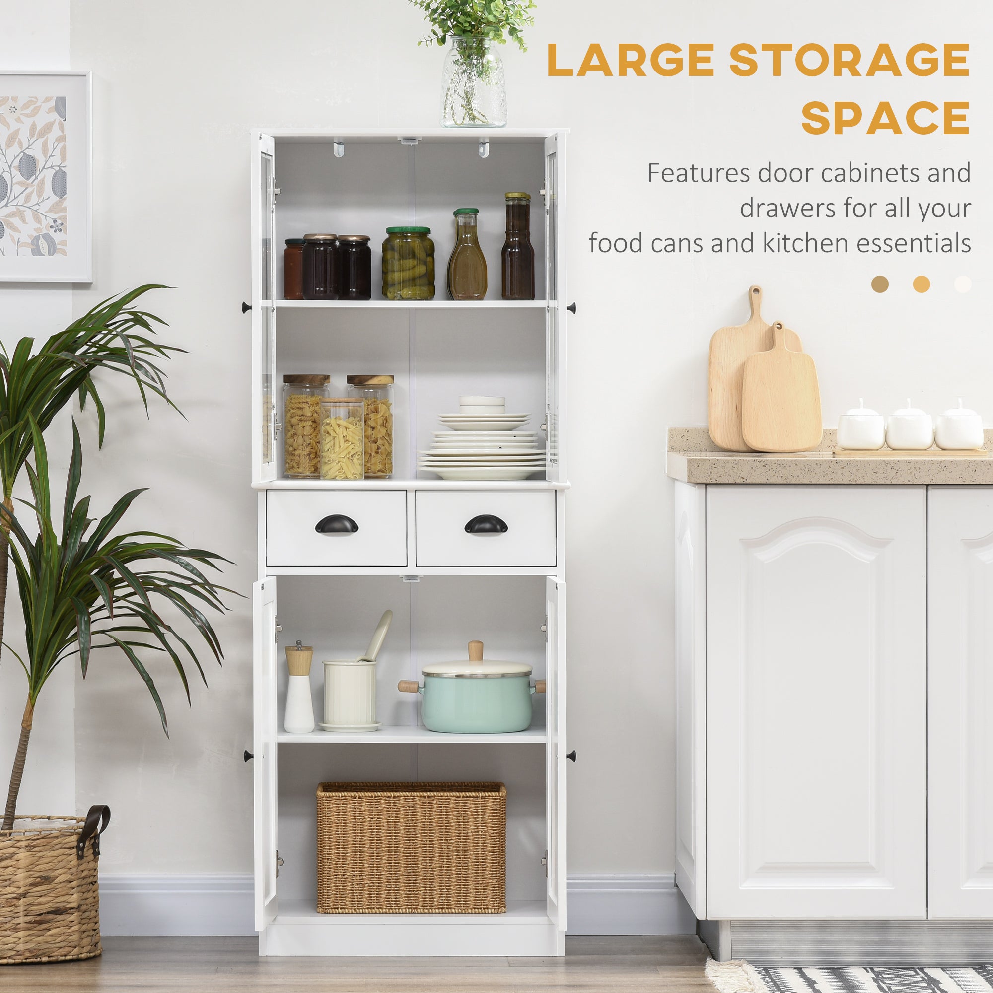 61" Farmhouse Pantry Cabinet - White, Glass Doors, Adjustable Shelves-DECOROLALA